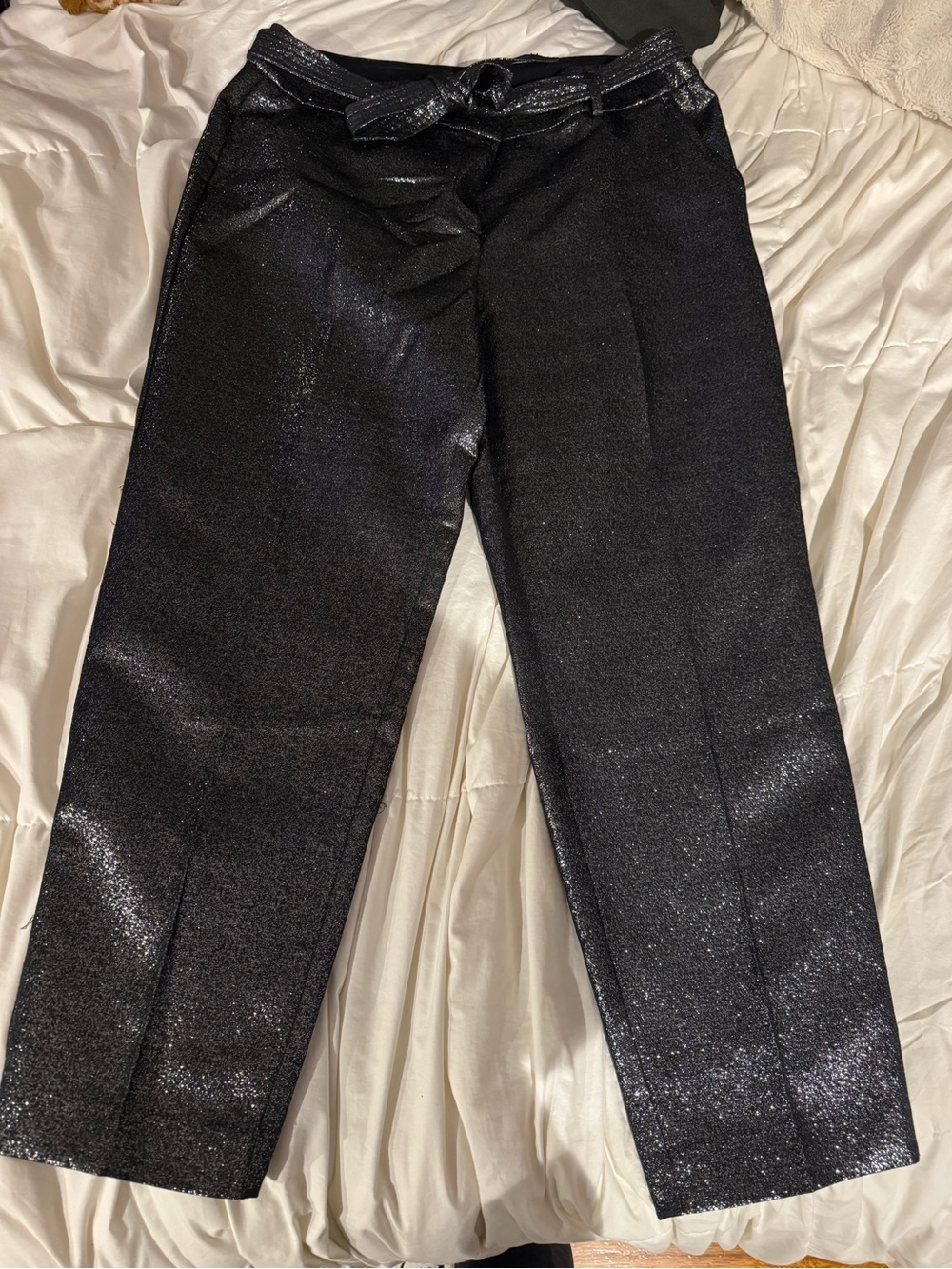 LOFT Black Metallic Cropped Tie-Waist Pants